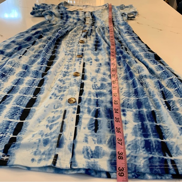 NEW Blue & White Boxed Tie Dye Ruffle Sleeve Button Up Dress Size Large - Picture 3 of 11